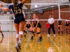 Palomar College Comets women volleyball team plays against Irvine Valley College Lasers at the Dome, Lasers #33 Halley Jones serves to waiting Comets players #7 Ashli Pardi, #8 Madi Stark, and #10 Kelli Iverson during the second set Sept. 10, 2014. •Philip Farry / The Telescope