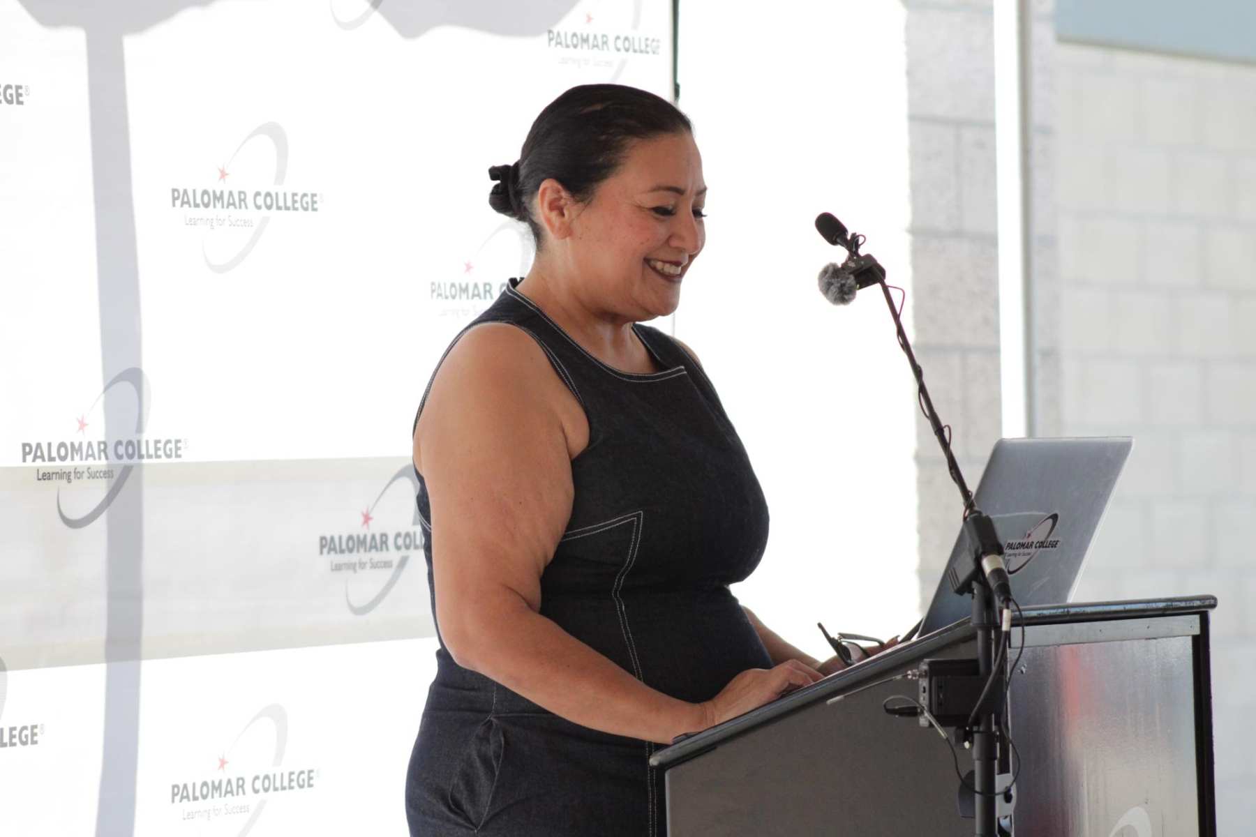 The President of Palomar College, Star Rivera-Lacey, speaks about the project and expresses her gratitude to those involved in the new structure project at the beam signing ceremony at Palomar's Fallbrook campus on October 1.