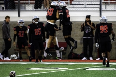 Palomar College linebacker Matty Malepeai (#50) (right) celebrates a recovered fumble with defensive back Bubba Garcia (#13) early in the first quarter against Saddleback College on Oct. 25 2025 at the Palomar College Stadium.