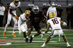 Palomar College wide reciever Micah Johnson (#81) is running against Saddleback College defensive back Noah Luginbill (#16) on Oct 25 2025 at the Palomar College Stadium.