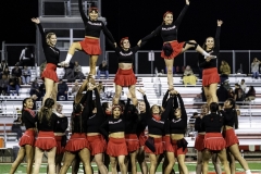 The Palomar College Cheerleading squad is performing during the halftime break against Saddleback College on Oct 25 2025 at the Palomar College Stadium.