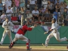 Palomar’s Francis Christy waits for the ball to arrive in order to tag San Joaquin Delta runner Collin Theroux in the third inning for the out. The Mustangs won the game 14-7 May 24 at Euless Park in Fresno and eliminated the Comets from the Final Four. The Comets finished the season with a 37-8 record. Philip Farry / The Telescope