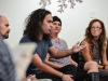 Manny Prieres elaborates about his process during the artists discussion for the recent show “Sharp Contrast” at Palomar College, Tuesday Sept. 22, 2015. Priers talk about his method of creating his works on metal, while panel artists Iana Quesnell (center right), Marisol Rendon (far right) and Doug Crocco (far left) listen on. Brandy Sebastian/The Telescope.