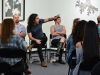 Manny Prieres (center) elaborates about his process during the artists discussion for the recent show âSharp Contrastâ at Palomar College, Tuesday Sept. 22, 2015. Priers talk about his method of creating his works on metal, while panel artists Robert Nelson (far left), Doug Crocco (center left), Iana Quesnell (center right), Marisol Rendon (not visible) and Josh Eggleton (far right) listen on. Brandy Sebastian/The Telescope.