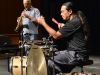 Music duo, Michel Doneda (left) and Tatsuya Nakatani (right) perform at the Howard Brubeck Theatre, Palomar College, Nov. 5. Doneda, soprano saxophone player, and Nakatani, percussionist, perform improve style music using shrieking outbursts, microscopic sounds, circular breathing, an arrangement of percussion instruments and hand mades bows. Brandy Sebastian/The Telescope