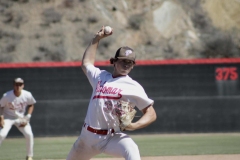 A baseball player in a white Palomar uniform has his arm in the air with the ball as he pitches it.