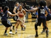 Palomar's Roshell Lamug (with the ball) drives up court during the women's basketball game against Mira Costa at the Dome on Jan. 27. Mira Costa players Alynne Nguyen (3), Camille Blayecook (10) and Danielle Bosley (1) attempt to deflect the ball. The Comets won 83-34. Coleen Burnham/The Telescope