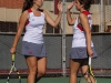 Palomar's Bettina Olah and Teresa de Anda high-five after winning a game during their doubles match on the Palomar Tennis Courts on Feb 26. Olah and de Anda won their match 8-0. Dirk Callum/The Telescope