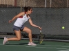 Palomar's Bettina Olah returns the ball during her Singles match against San Diego Mesa College at the Palomar Tennis Courts on Feb 26. Olah won both her Singles and her Doubles match with partner Teresa de Anda (not seen). Dirk Callum/The Telescope