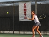 Palomar's Teresa de Anda returns the ball during her Singles match against San Diego Mesa College at the Palomar Tennis Courts on Feb 26. Teresa lost her Singles match, but won her Doubles with partner Bettina Olah (not seen). Dirk Callum/The Telescope