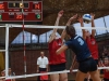 Palomar’s (l to r) Taylor Schade (18) and Kelli Iverson (10) block the shot of Miracosta’s Brianna Sizemore (3) during the first set as The Comets hosted the Spartans Oct. 21 at The Dome. Both teams were tied for second place in the PCAC prior to the start of the game; however, the Comets defeated the Spartans 3-1 (25-20, 18-25, 25-17, 26-24) and now sit alone in second place. Philip Farry The Telescope