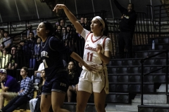 Palomar College guard Luciana Aguilar (#11) watching her shot fall as Irvine Valley College forward Alexis Price (#21) on Nov. 1 2025 at The Dome. 