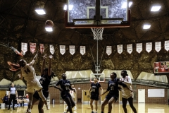Palomar College guard Kylee Trujilo (#14) is shooting against Irvine Valley College forward Neryah Lokeni (#15) during the fourth quarter on Nov. 1 2025 at The Dome. 