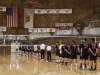 Members of Palomar College and Orange Coast College's Men's Volleyball teams gather for the national anthem at the beginning of their game Wednesday April 2, 2014 in the Dome. Lucas Spenser/Telescope.