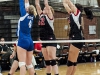 September 4, 2013/ Palomar College Comets women volleyball team plays against San Bernardino Valley College Wolverines, #4 Jessica Socha (Wolverines) and #12 Maci Lerno #11 Kristi Mankhey (Comets), Comets defend Palomar College team and score a point for the Comets in the 3rd period. score Comets 24-16 Wolverines