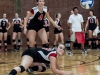 September 4, 2013/ Palomar College women volleyball team plays against San Bernardino Valley College, #4 Rylee Zimmerman (left-Comets) and #17 Meghan Middleton (right-Comets), #17 Meghan Middleton makes a diveing save for Palomar College team. • Xenia Spatacean/Telescope
