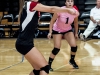 September 4, 2013 | Palomar College women volleyball team plays against San Bernardino Valley College Wolverines, #5 Rachel McFarland #1 Jelisa Navarette (left to right), #5 Rachel McFarland digs the ball for Palomar College Comets in the 3rd period. • Xenia Spatacean/Telescope