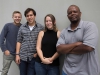 Sports editor Mike Adams, Editor-in-Chief Mike Peterson, former EiC Susan Whaley and Photo Editor Steve Davis pose outside the newsroom on April 11. Niko Holt/The Telescope