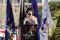 Fabiola Alejandre, veterans service specialist and Marine Corps veteran, explains the Prisoner of War Table at the Veterans Day Ceremony on Nov. 10, 2025, at Palomar College. Photo credit: Griselda Garcia