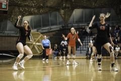 From left to right: Palomar College's Annie Cummings (#7), Kiana Merrill (#3), and Sierra Schoenwald (#13) note a ball falling out of bounds in the first set on Sept.10, 2025, at The Dome.