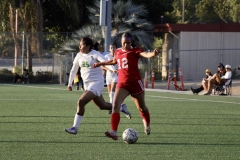 Mia Magana (#12) passes the ball to a teammate who is closer to the goal. Palomar ended the game with a win of 5-2 against the Los Angeles Huskies. Photo credit: Griselda Garcia