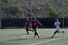 Palomar's Madison White (#27) and East LA's Wendy Zuniga (#13) run while they watch the ball coming down from the air after the Huskies kicked it. Photo credit: Griselda Garcia