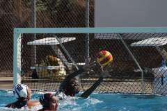 Goalie, Savannah Walker (#1), blocks the ball during the second quarter of the game against Cerritos College on Sept. 5, 2025, at Palomar College. This was the first game of the Women's Water Polo Mini Tournament. Photo credit: Griselda Garcia