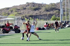 Nataly Cisneros (#3) in black, and Danielle Hixson (#5) in white, are side by side, trying to steal the soccer ball from one another.