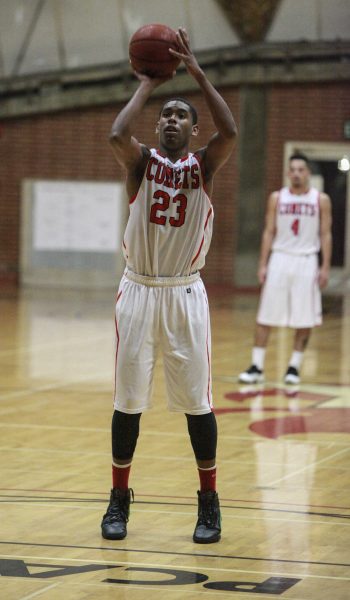 Palomar’s Jeremy Franklin shoots free throws during first game of the Thanksgiving Tournament against Bethesda University at The Dome. Franklin finished the game with 21 points, and 8 rebounds. Palomar won the game 76–70. (Stephen Davis/The Telescope)