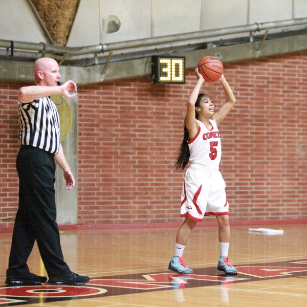 Jan. 17, 2014 | Palomar's Victoria Stewart prepares to inbound the ball during second half of Friday's game at The Dome. Stewart finished with 10 points in the 97-83 win against San Diego City College. (Stephen Davis/The Telescope)