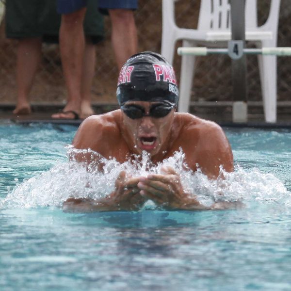 Max Becerra of Palomar College competed in the Men's 100 Yard Breaststroke preliminary heat during the PCAC Men's and Women's Swimming and Diving Championships held at Wallace Pool April 18, 2014. Becerra won with a time of 1:04:03. (Stephen Davis/The Telescope)