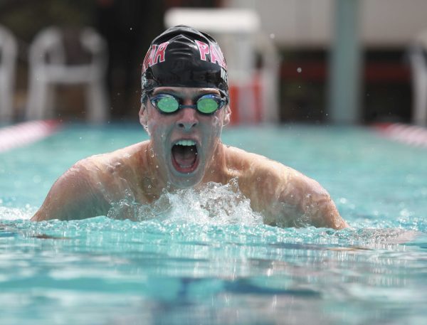 Palomar’s Corey Meyers competes in the Men’s 100 Yard Breaststroke preliminary heat Apr 18, 2014 during the PCAC Men’s and Women’s Swimming and Diving Championships held at Palomar College Wallace Memorial Pool. Meyers' finished with a time of 1:20:10. (Stephen Davis/The Telescope)