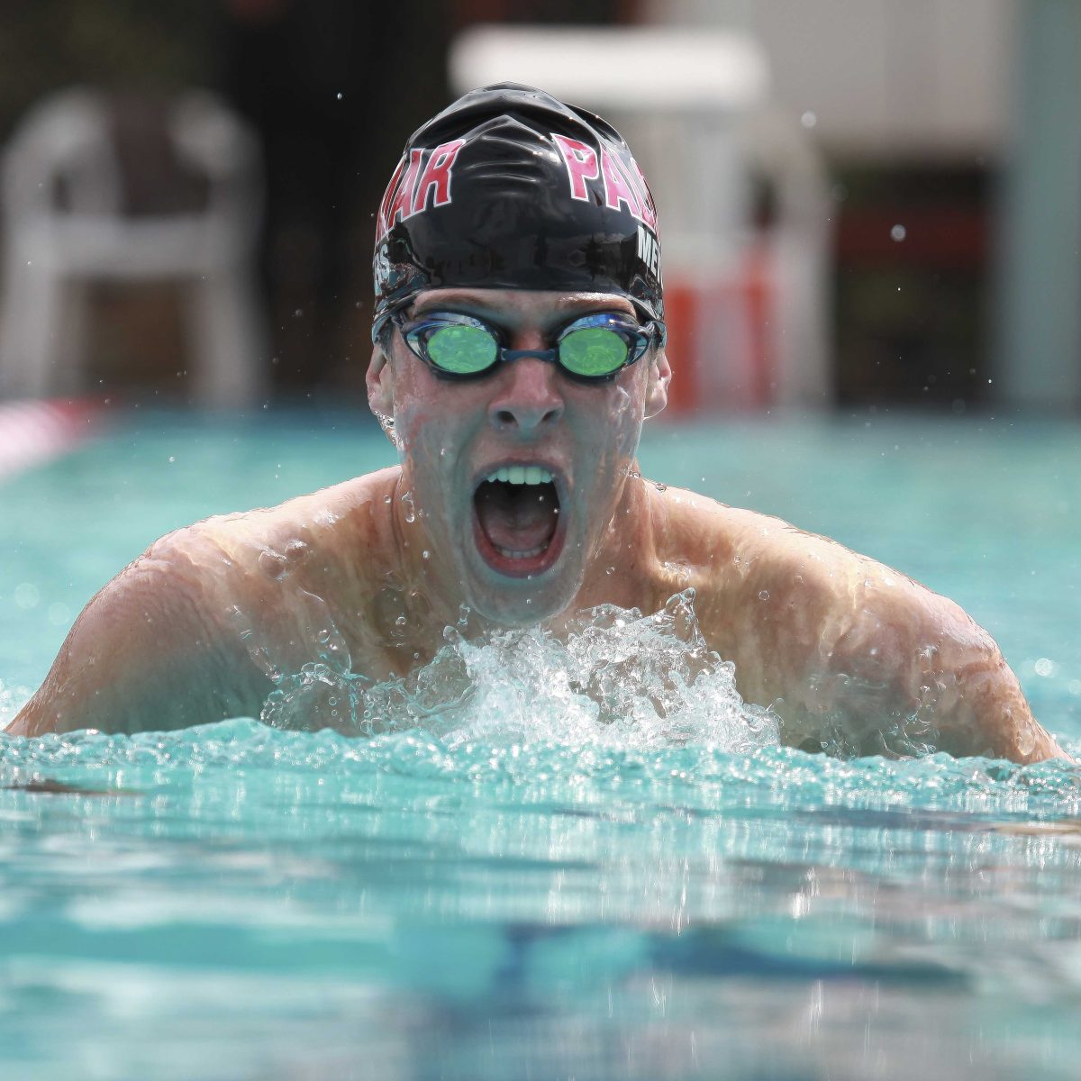 Palomar’s Corey Meyers competes in the Men’s 100 Yard Breaststroke preliminary heat Apr 18, 2014 during the PCAC Men’s and Women’s Swimming and Diving Championships held at Palomar College Wallace Memorial Pool. Meyers' finished with a time of 1:20:10. (Stephen Davis/The Telescope)