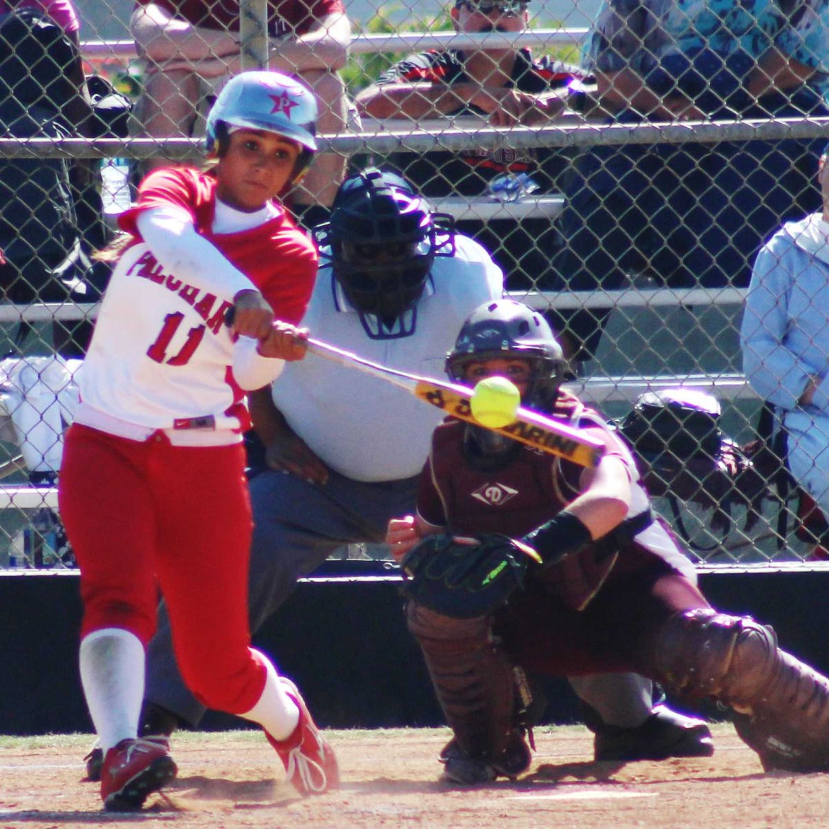 Palomar outfielder Keilani ‘KK’ Fronda launches her second homerun of the game in the 4th inning against Southwestern College on April 16 at Palomar’s softball field. Fronda went 4-4 with 2 homeruns, a double, and 5 RBI’s in the Comet’s 11-3 win over the Jaguars. The win improved Palomar’s conference record to a perfect 16-0 record with one conference game left. (Scott Colson/The Telescope)