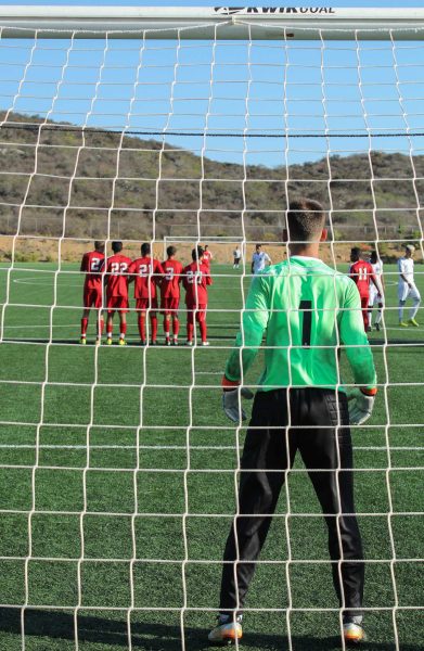 Palomar goalkeeper, Steven Ross (#1), awaits a free kick. Palomar played host to the visiting Norco Community College Mustangs on Friday Sept. 5, 2014. (Philip Farry/The Telescope)