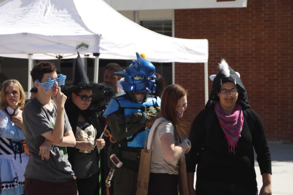 Jonathon Curtis, Norita Cruz, Adam Shuttleworch, Sister Amanda Berg, and Verrhonnica Jackson compete in the second round of the costume contest at Halloween Escape, Oct. 30, 2014. (Angela Marie Samora/The Telescope)