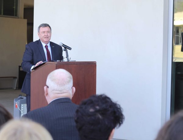 Palomar President Robert Deegan speaks to the attendees at the Humanities Open House ceremony Oct. 10, 2014 outside the new building. (Photo courtesy of Deb Hellman.)
