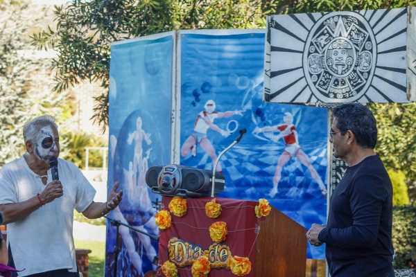 Edgar Olivares performs a monologue about life and death in Spanish while Professor John Valdez of the Multicultural Studies Department translates, Nov. 5, 2014. (Angela Marie Samora/The Telescope)