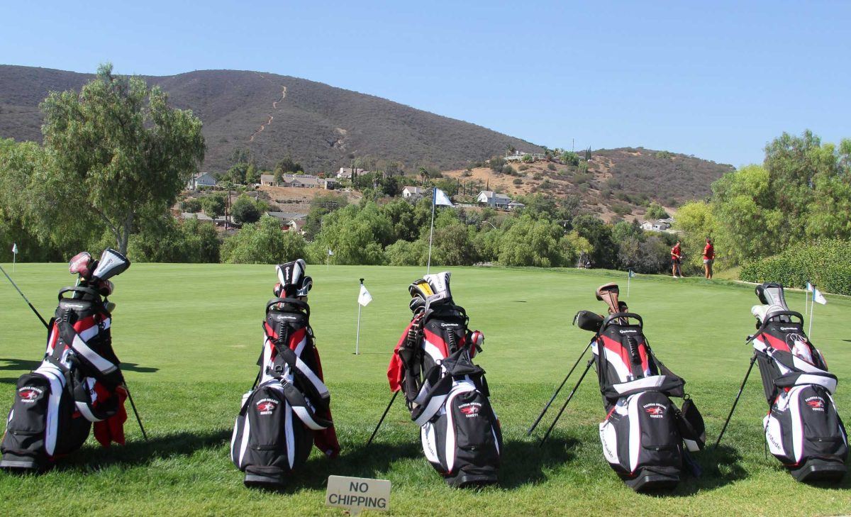 Five golf bags full of golf clubs rest on a golf course. A small sign says "NO CHIPPING" is on the ground in the foreground. Two women stand in the background to the right.