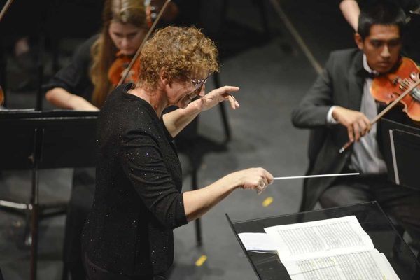 Dr. Ellen Weller leads the Palomar Symphony Orchestra in the first concert of the water themed concert season on Oct. 10, 2014 at the Howard Brubeck Theatre. (Casey Cousins/The Telescope)