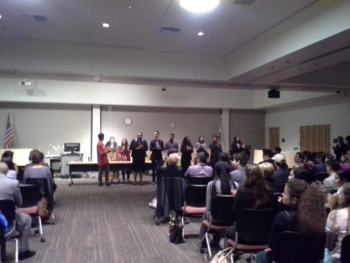 Students from the drama competition line up to receive their awards at the Ray Dahlin Invitational, hosted by Palomar College, at Grossmont College Nov. 14, 2014. (Emily Rodriguez/The Telescope)