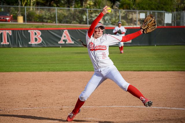 Palomar pitcher Summer Evans #2 delivers a pitch in the fourth inning of a home game against San Diego Mesa College on Feb. 11, 2015. (Seth Jones/The Telescope)