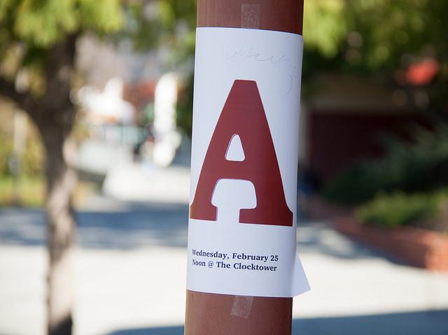 Signs indicating an unknown event to be held at The Clocktower today, Feb 25, at noon have been posted throughout the San Marcos campus. Stephen Davis/The Telescope