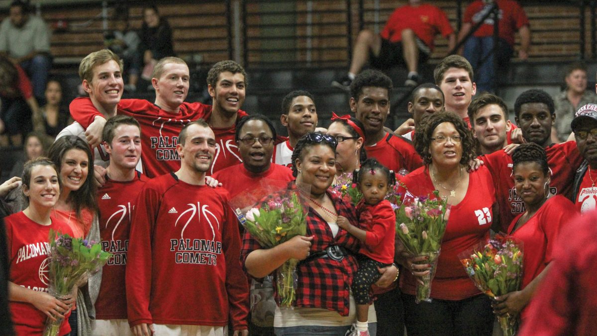 The Palomar College Comet's men's basketball team celebrated their sophomores players (Jeremy Franklin, James Sampson, and K.J. Houston) at the Feb. 13, 2015 game versus Imperial Valley College. Parents of the sophomores were presented with flowers during a half-time presentation in The Dome. The Comets beat Imperial Valley College 86-68. (Dirk Callum/The Telescope)