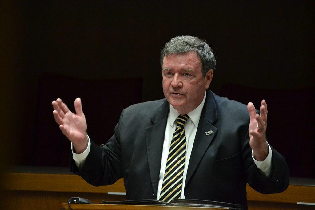 Robert P. Deegan, Superintendent/President Palomar Community College District, concludes his portion of the College Forum on Feb. 23, 2015 in the Governing Board Room. (Ricardo Torres/The Telescope)