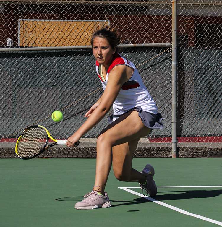 Palomar's Bettina Olah returns the ball during her doubles match with partner Teresa de Anda at the Palomar Tennis Courts on Feb 26, 2015. Olah and de Anda won their match 8-0. (Dirk Callum/The Telescope)