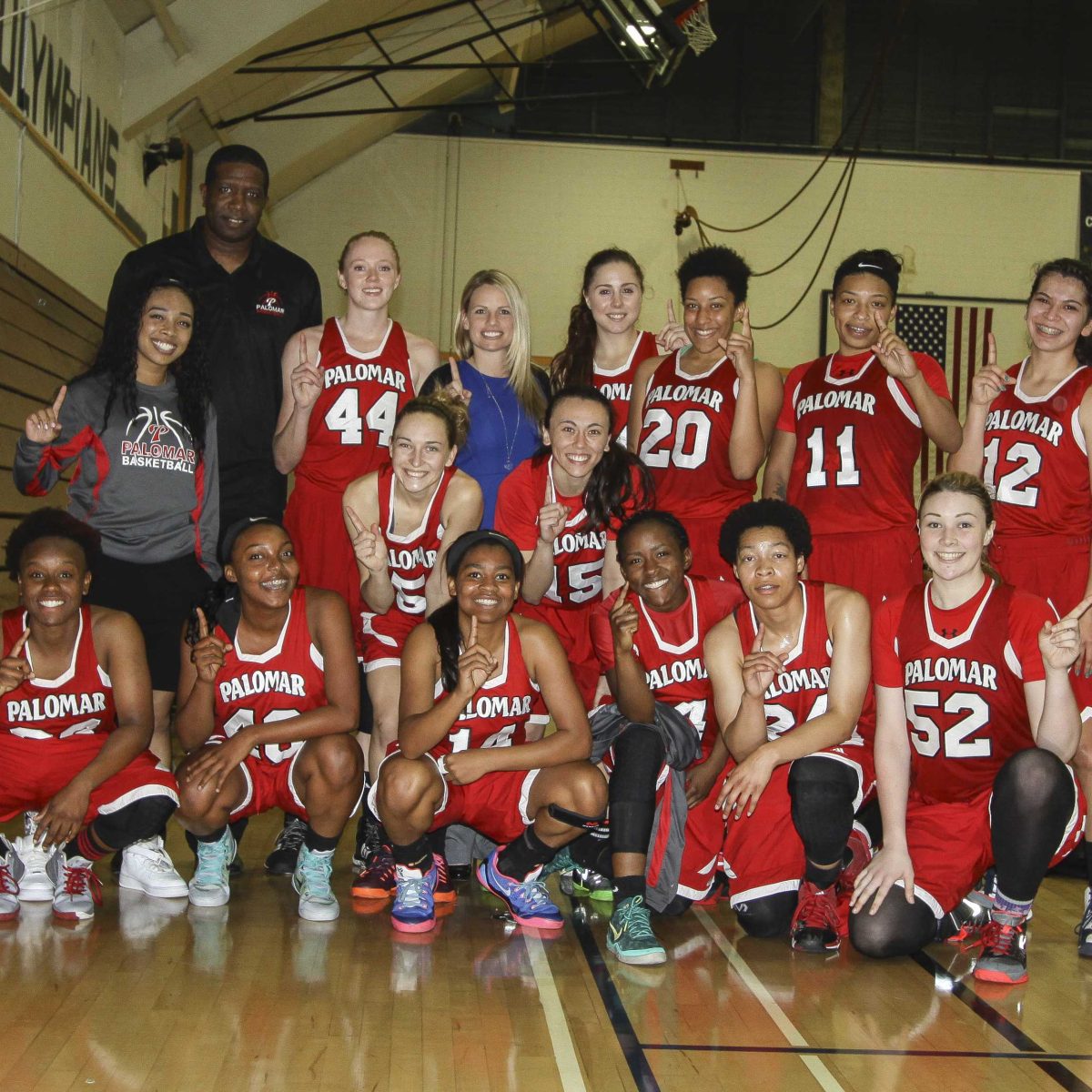 Palomar women's basketball team following their 77-33 win over San Diego Mesa College on Feb. 20, 2015. (Stephen Davis/The Telescope)