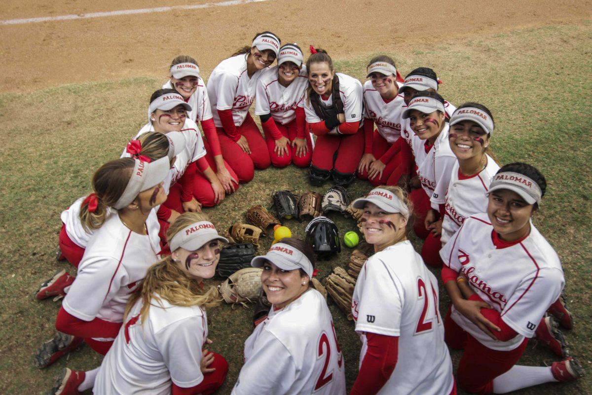 Palomar’s softball pre-game before the April 21 home game against Cerritos College. The Pacific Coast Athletic Conference champion Comets beat the Falcons 9-1 and finished the season 33-3-1 (17-1 PCAC) and are ranked #1 in Southern California and #2 in the state. The Comets await their post-season playoff schedule which will be announced on April 25, 2015. (Philip Farry/The Telescope)