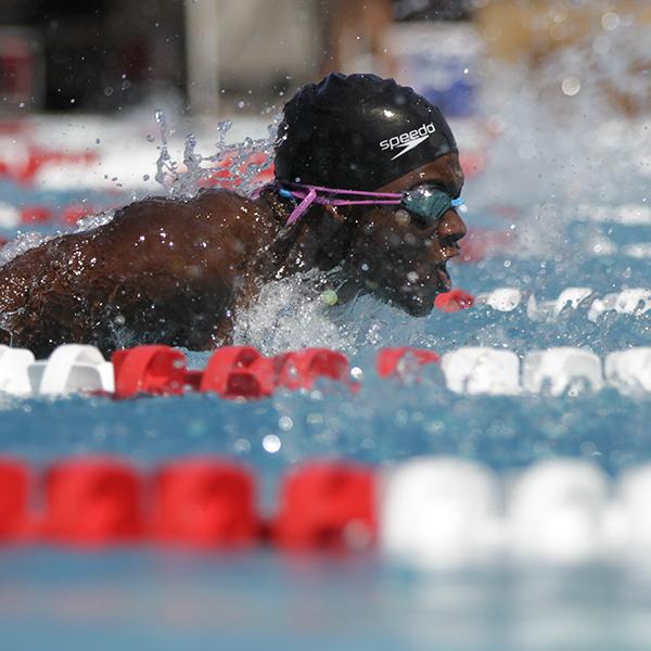 Palomar’s Paul Lee competes in the 200-yard butterfly event held April 18, 2015 at the Wallace Memorial Pool. The Comets hosted the 2015 Pacific Coast Athletic Conference Men’s and Women’s swimming-diving championships. (Philip Farry/The Telescope)