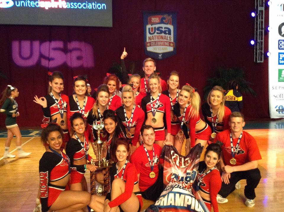 Palomar College Cheer Squad pose with their USA Collegiate Nationals Best Small Cheer Team thropy won at the United Spirit Association Collegiate National Championships in Anaheim, Calif. (Photo courtesy of Palomar Cheer Squad.)